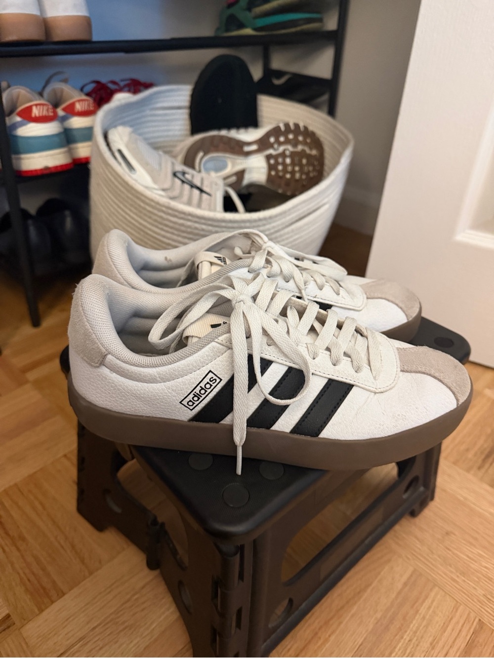 adidas White and Black Low-Top Sneakers with Brown Gum Sole